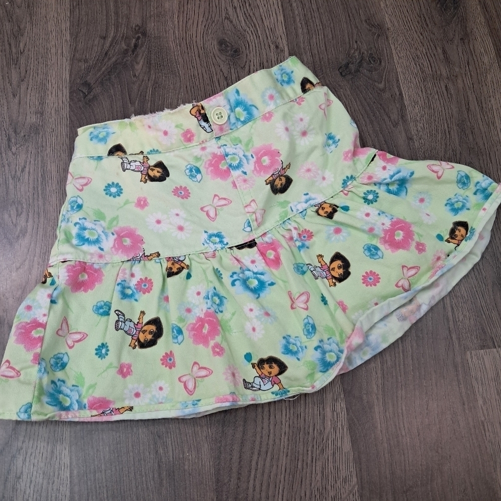 Y2K Green Floral Dora The Explorer All Over Print Skirt Skort Size 3T